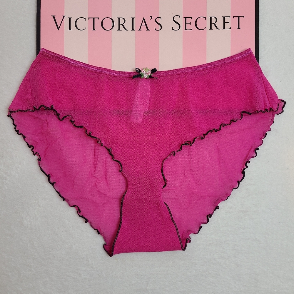 VTG Victoria's Secret Sheer Mesh Ruffle Hipster Panty Size Sm Pink